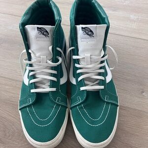 Vans Sk8-Hi (Green/White Canvas) high-tops — a classic OG Vans silhouette.